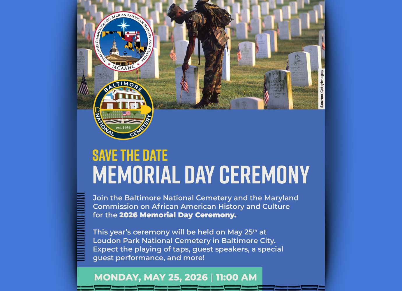 A man placing an American flag at a gravesite; Save the Date - Memorial Day Ceremony - Monday, May 25, 2026 - 11am
