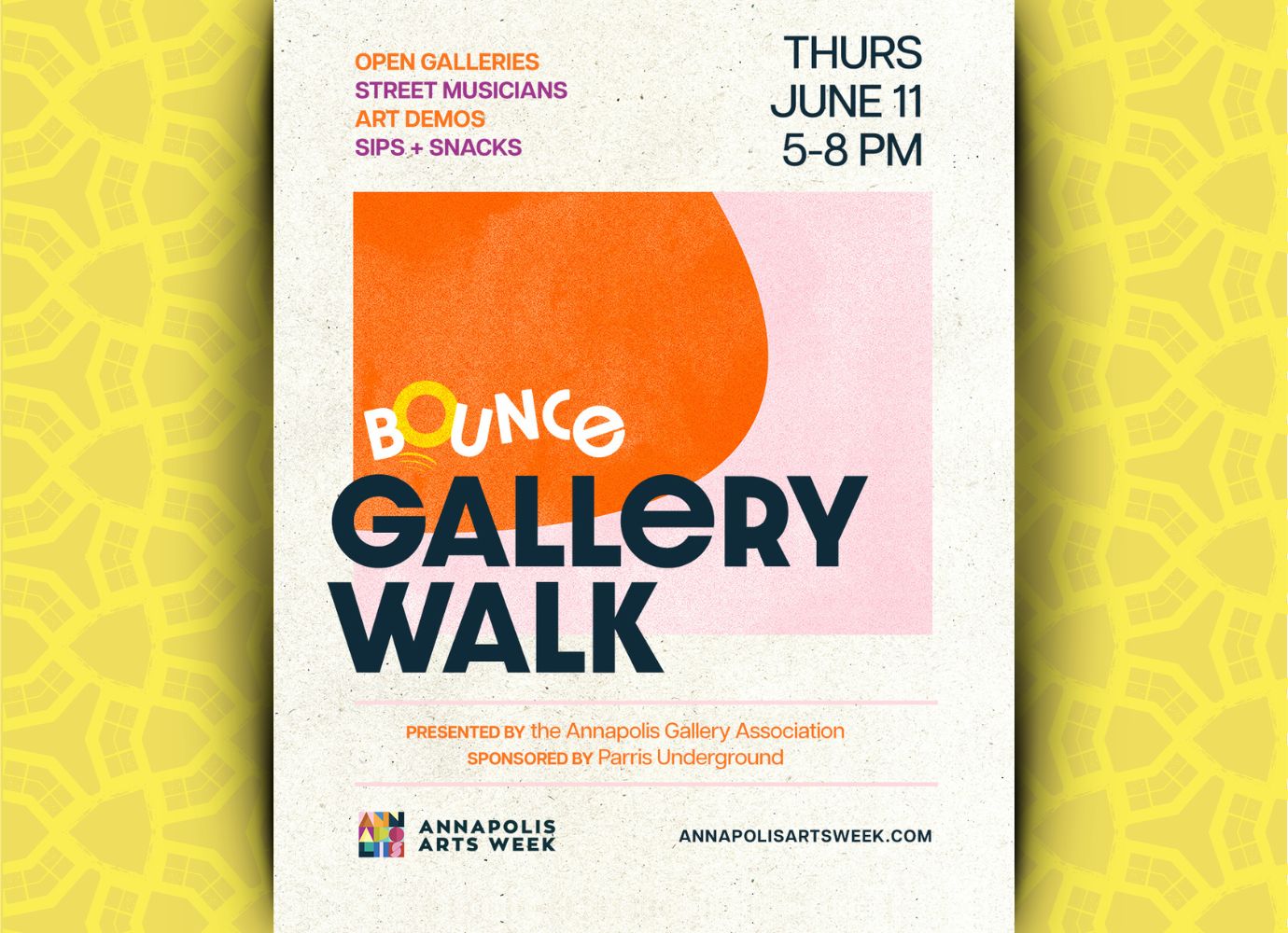 Thursday, June 11, 5-8 PM, Bounce Gallery Walk, Annapolis Arts Week, annapolisartsweek.com, Open Galleries, Street Musicians, Art Demos, Sips and Snacks